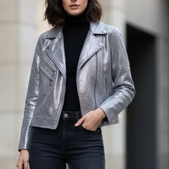 V Cristina Shimmering Silver Faux Leather Jacket